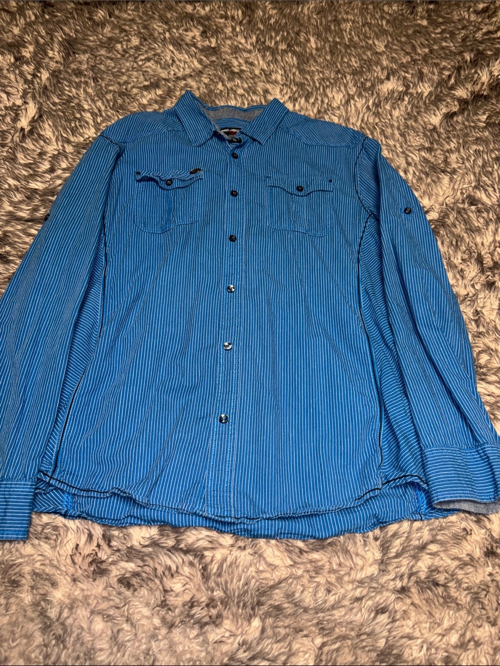 Men's Blue Pinstripe Casual Button-Down Shirt with Patch Pockets